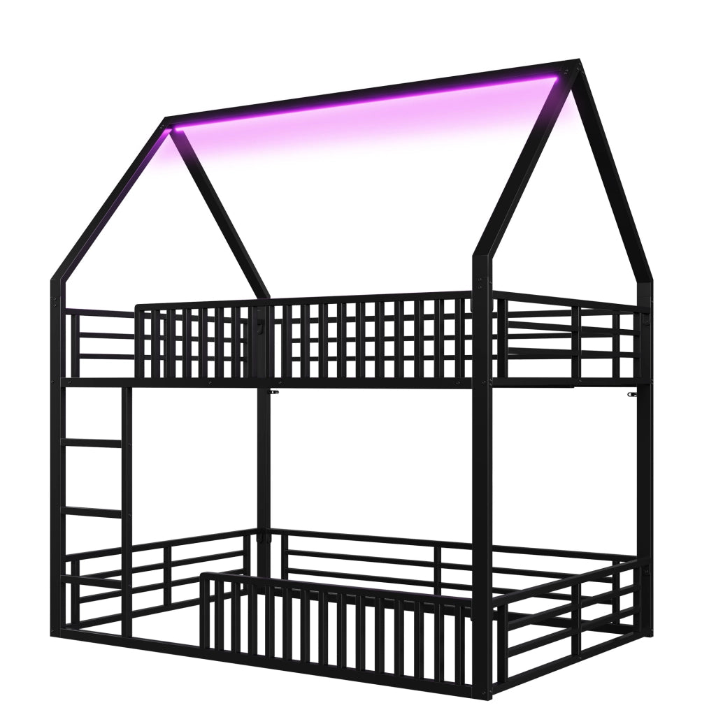 Letto a castello a forma di casa 140x200 con ringhiera e luci LED, nero