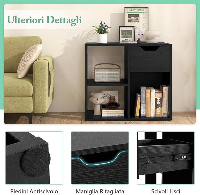Libreria Scaffale, Libreria Bianco in Legno con Cassetto e 3 Cubi, 60 x 30 x 53 cm, Scaffale Multiuso per Soggiorno, Ingresso, Ufficio e Cameretta (Nero)