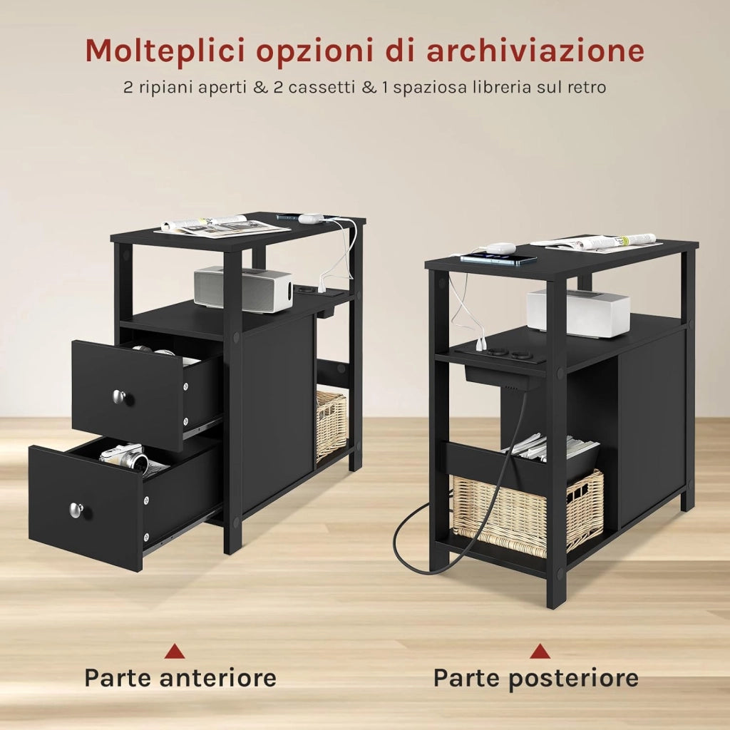 Tavolino Stretto con Stazione di Ricarica per Divano, Comodino con 2 Cassetti 2 Ripiani 1 Scomparto, per Soggiorno, Camera da Letto, 60x60x30 cm, Nero