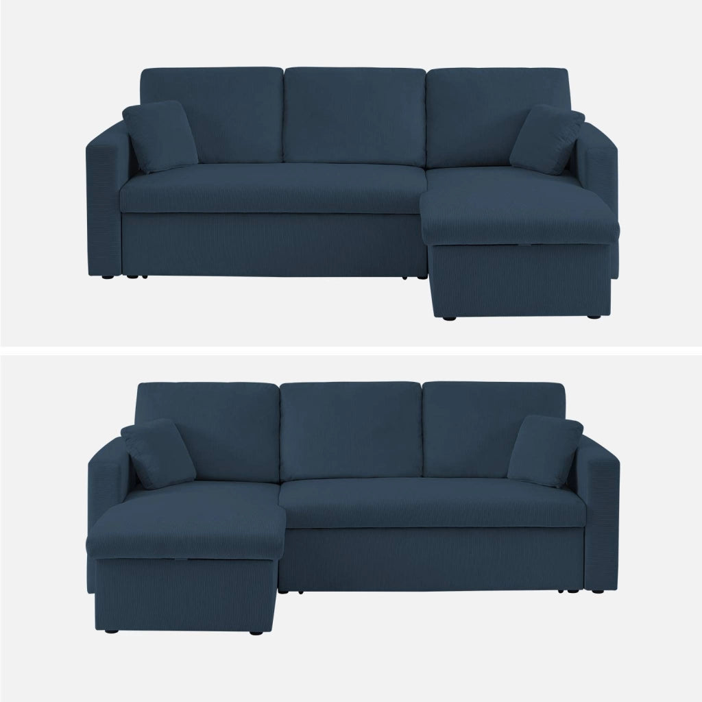 Divano letto angolare reversibile in velluto a coste, 3 posti, blu