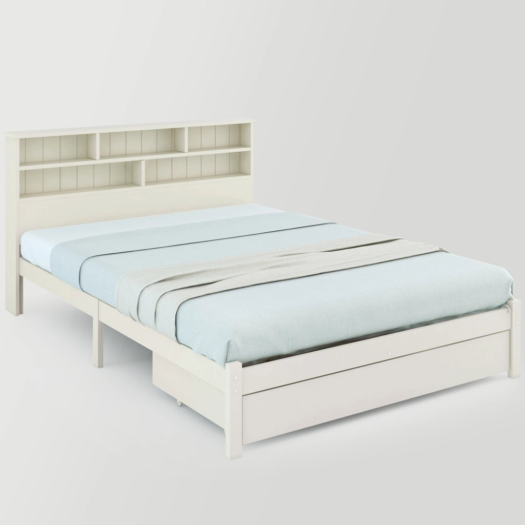 Letto Contenitore 140x200 cm; Letto Matrimoniale con Mensole e Cassetti in Legno Bianco