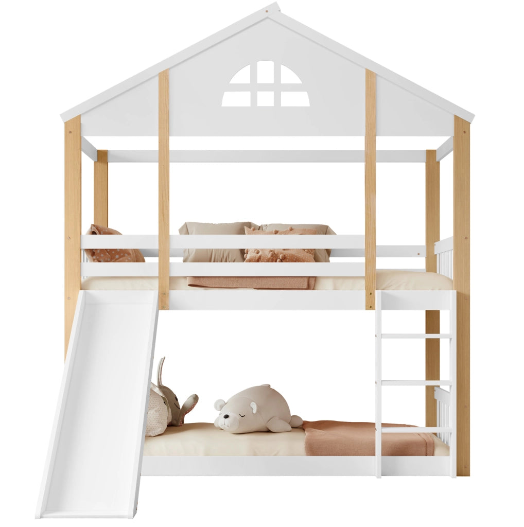 Letto a castello 90x200 cm con scivolo e scala a tre gradini in legno e MDF bianco e colore naturale