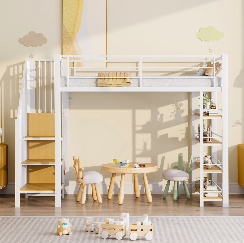 Letto a soppalco 90x200 cm con scala contenitore e armadio; bianco