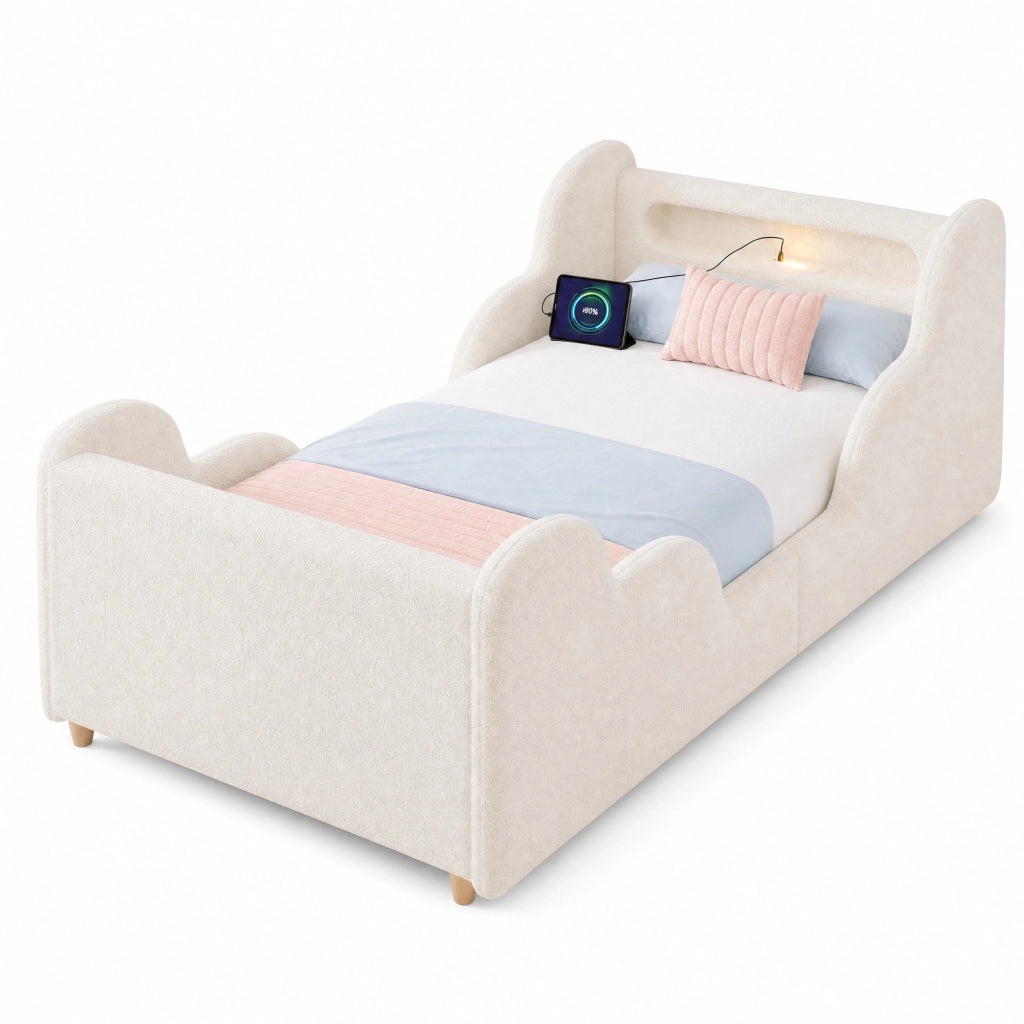 Letto singolo 90x200 cm in bouclé beige con sponde imbottite; luce notturna e porte USB/Type-C