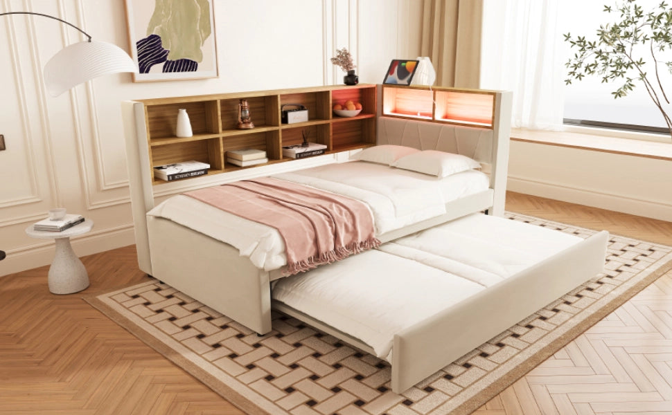 DESMIU Divano letto 90 × 200 cm 2 posti con LED, USB, Type-C e prese, vano contenitore, senza materasso, beige