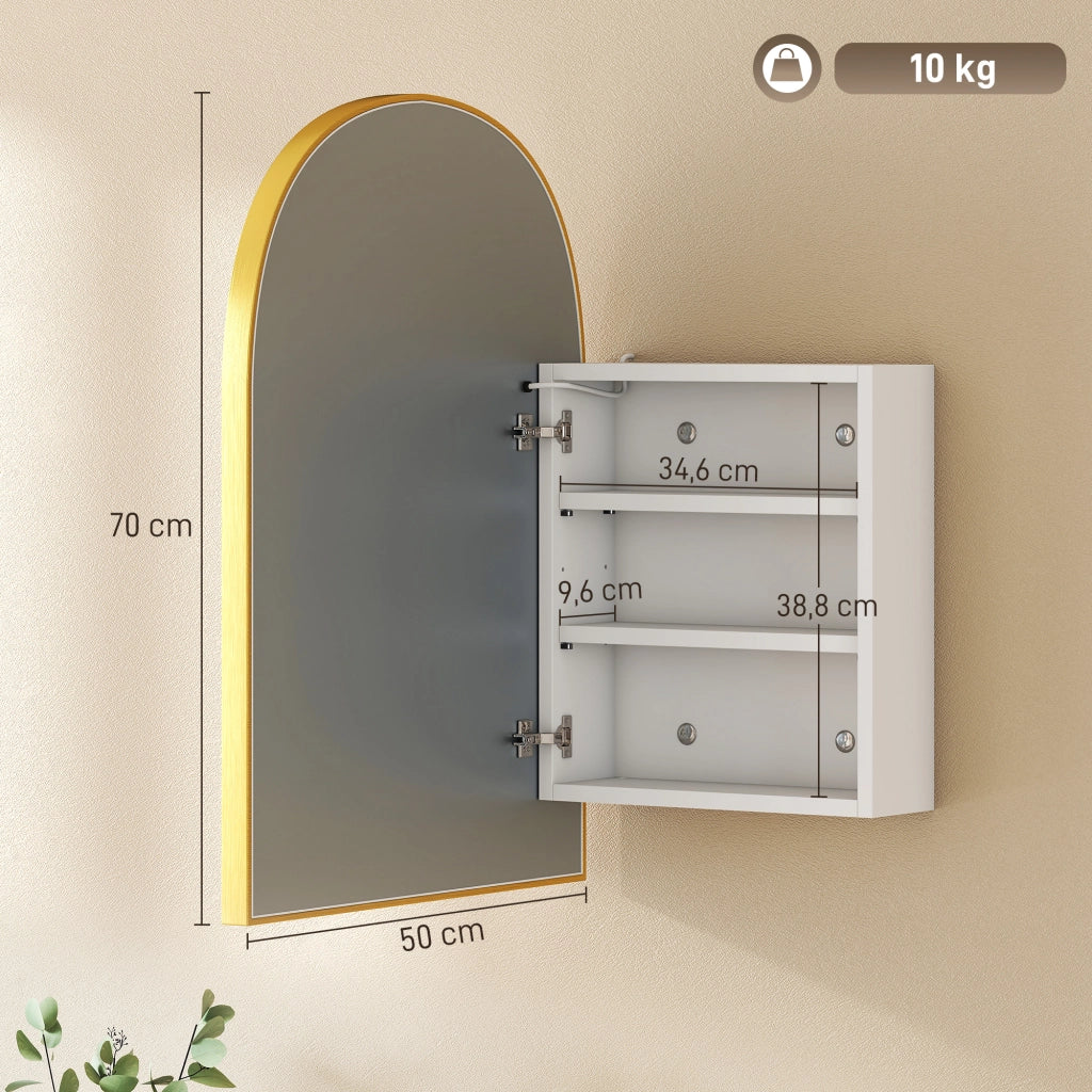 Armadietto da bagno con specchio e luce LED, porta ad arco, anti-appannamento ¨C Zephmum ¨C Dorato 50x14.5x70 cm