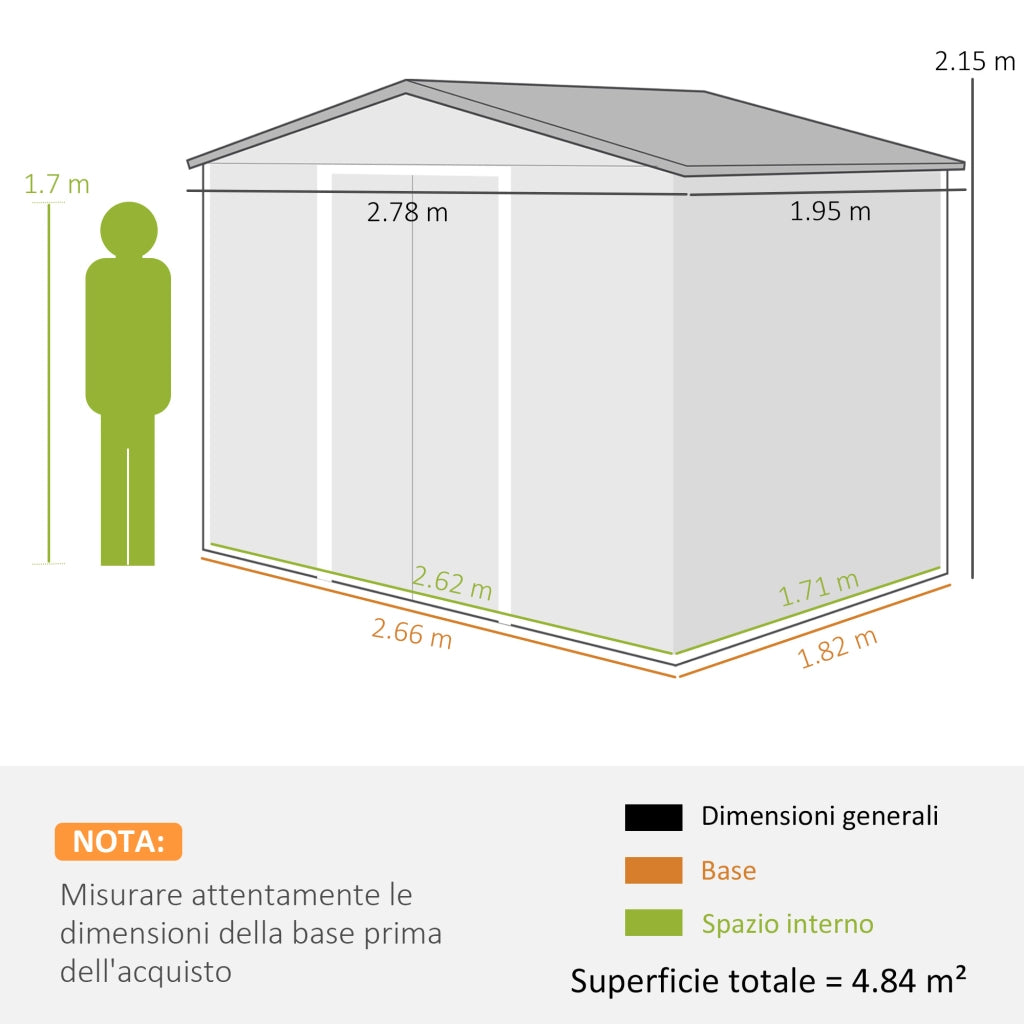 Casetta da Giardino in Acciaio Effetto Legno e Doppie Porte Scorrevoli, 278x195x215 cm, Marrone