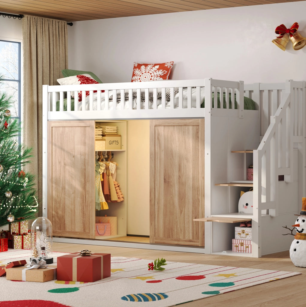 Letto a soppalco per bambini 90x200 cm con armadio e scala contenitore; LED controllabili da app; bianco e rovere