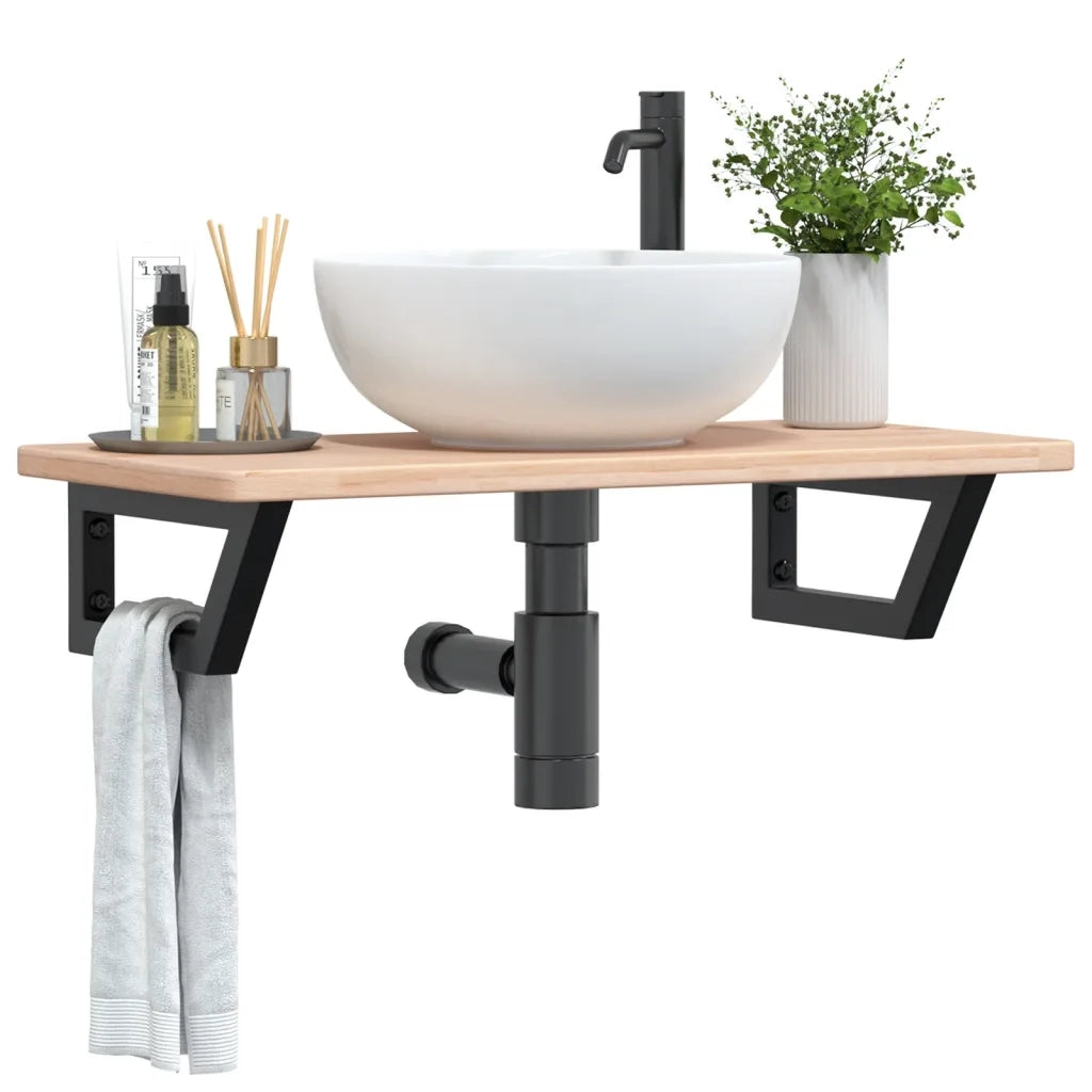 Ripiano a Parete per Lavabo in Acciaio e Massello di Rovere 3302331