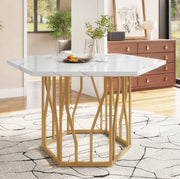 Tavolo 115.5x100x75 cm design esagonale con piano effetto marmo in MDF e acciaio oro bianco