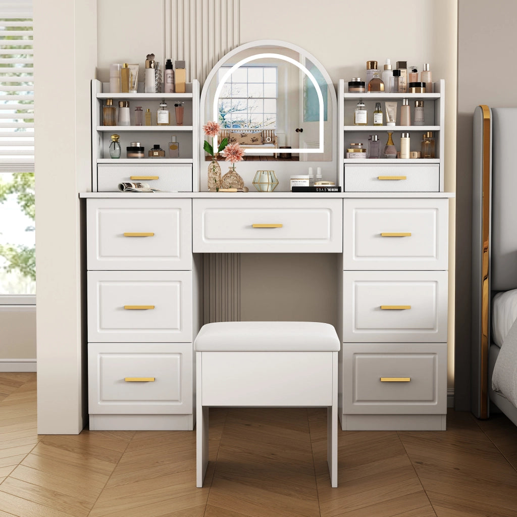 Tavolo da Trucco con Specchio e LED ¨C MINIMAL ¨C 9 Cassetti, Bianco, 120x40x135 cm