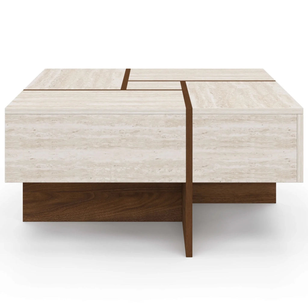 IDMarket - Tavolino quadrato TALIA da 70 cm con cassetti in legno effetto noce e piano in travertino
