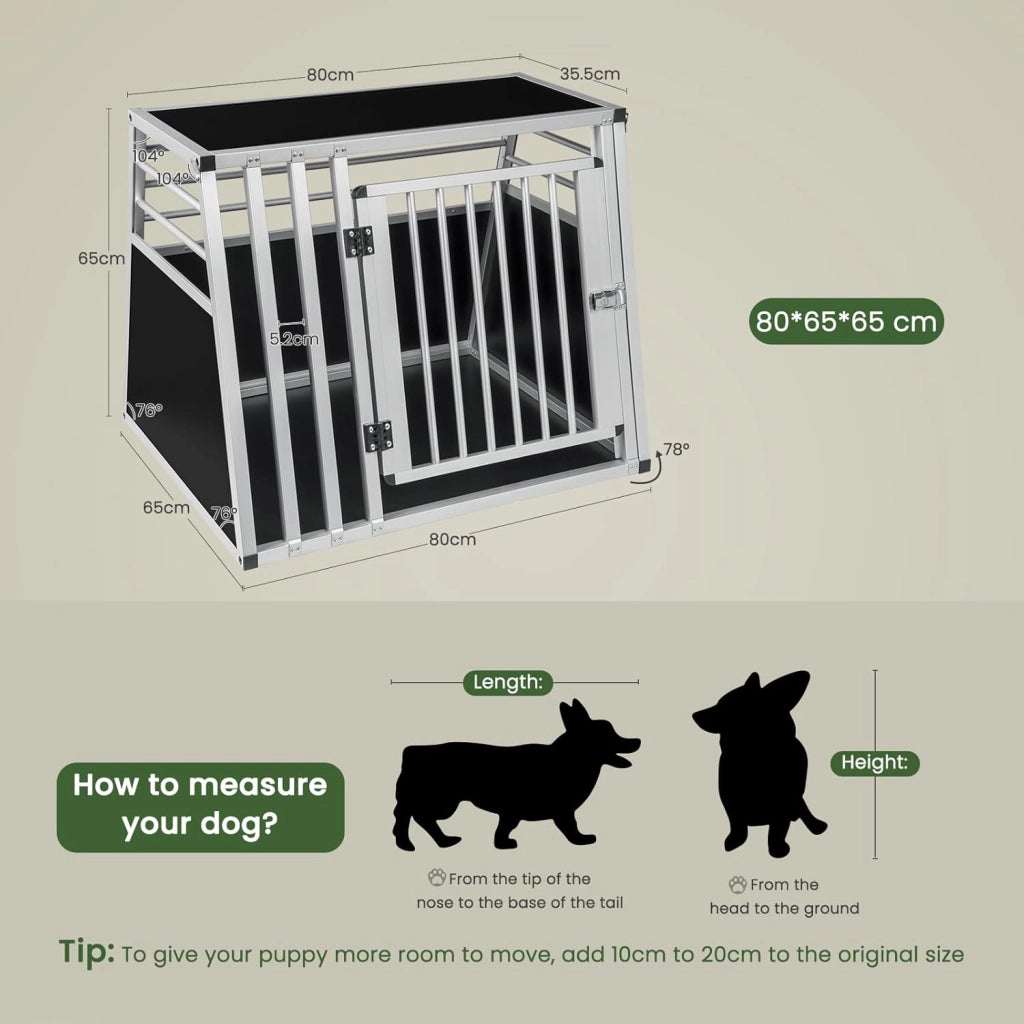 Trasportino Cane Auto, Trasportino Cani Media in Alluminio, Box Trasporto per Cani Media da Auto, Cuccia Cane Esterno, Kennel per Canette con Chiusura per Viaggio Trasporto 80x65x65cm