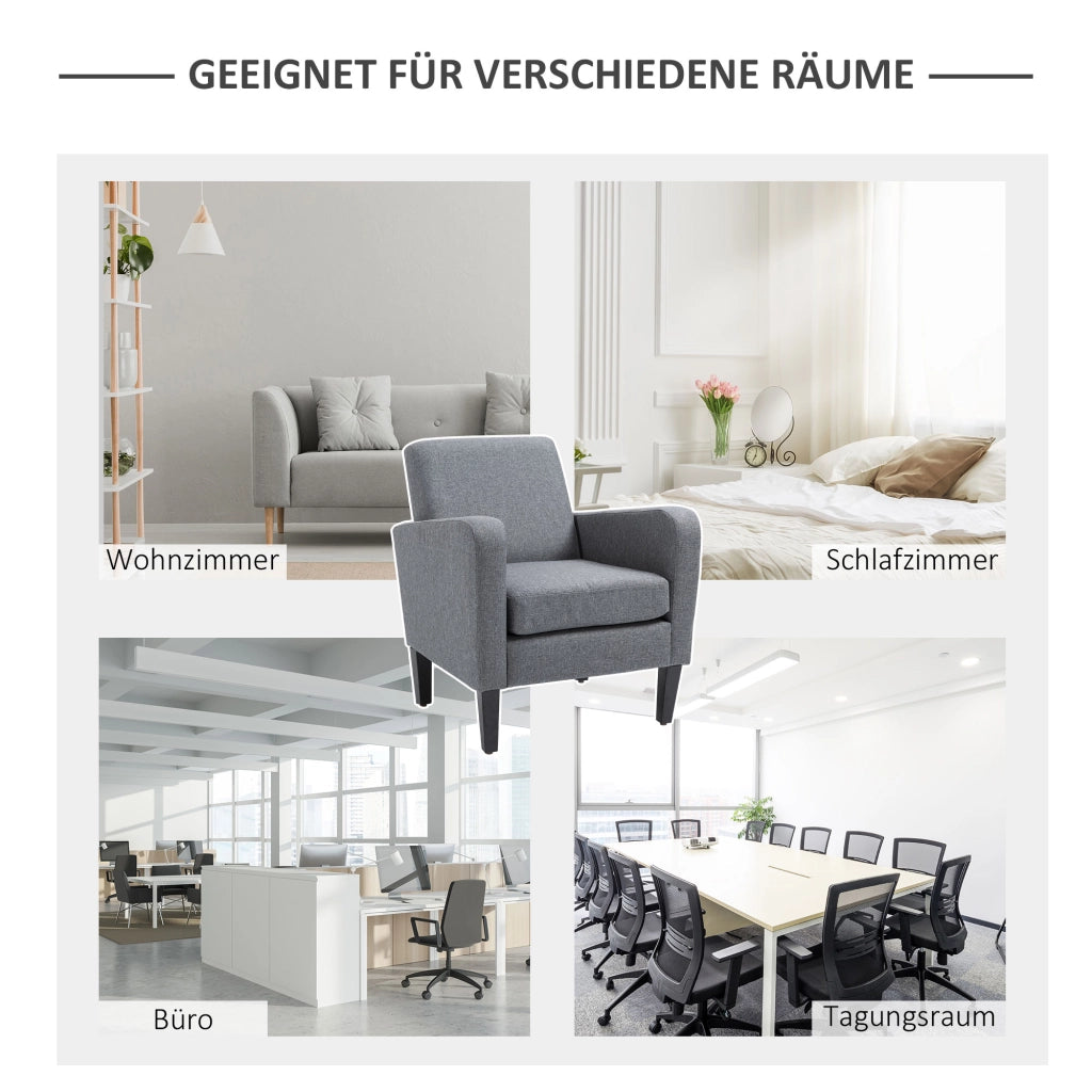 Poltrona imbottita con braccioli ergonomici e gambe in legno di gomma, tessuto effetto lino grigio chiaro 66 × 72 × 74 cm