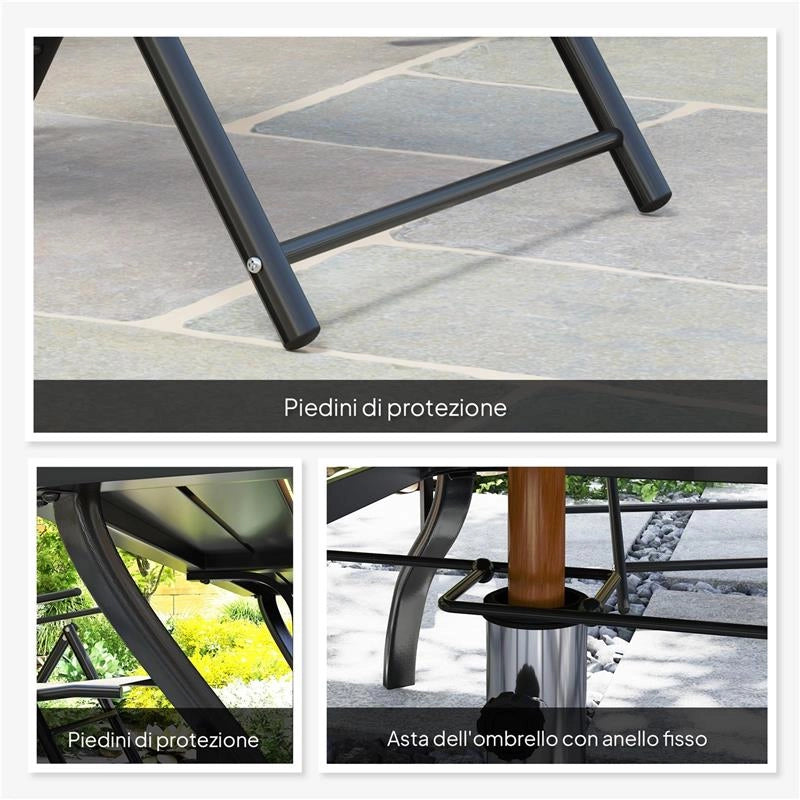 SET DA GIARDINO 7 PEZZI CON TAVOLO DA PRANZO CON FORO PER OMBRELLONE E 6 SEDIE PIEGHEVOLI GRIGIO