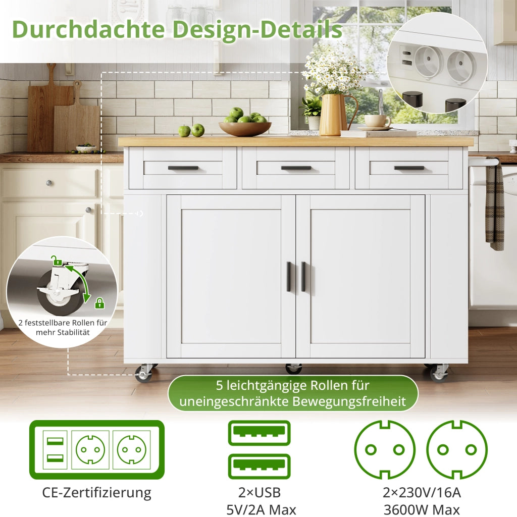 CARRELLO ISOLA CUCINA Pieghevole 120x45(70)x84 cm MDF Bianco/Naturale