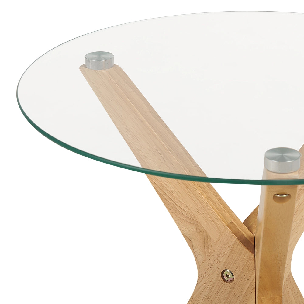 Tavolino Legno chiaro Piano in vetro temperato Gambe in legno di gomma ø 45 cm Tavolino rotondo Soggiorno moderno