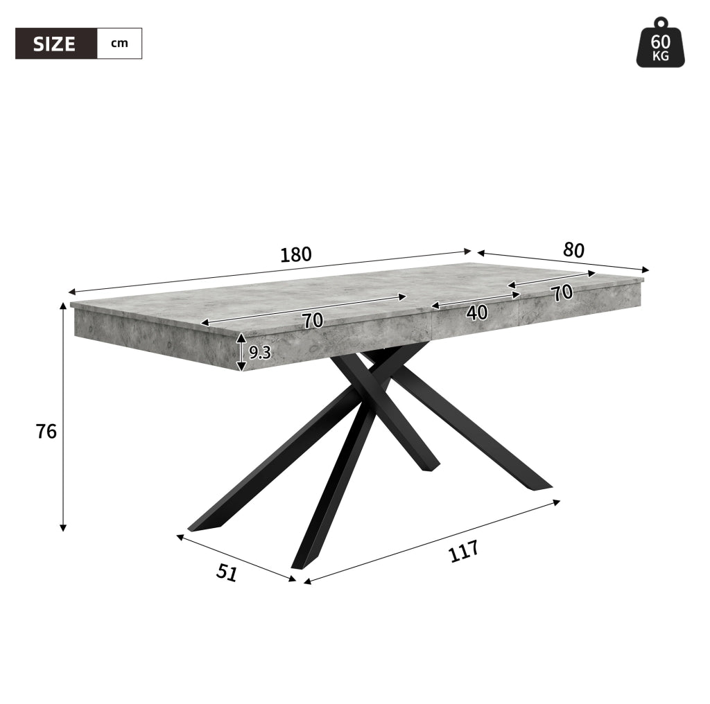 Tavolo da pranzo allungabile 140/180x80 cm in MDF grigio; piano spesso 93 mm