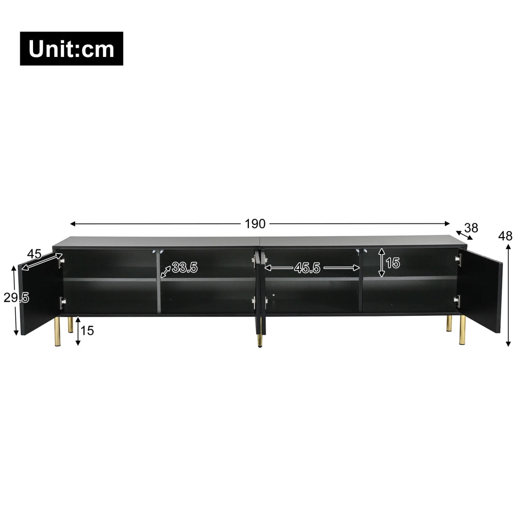 Mobile TV con 4 Ante e 8 Ripiani; Ante Scanalate; Gambe Dorate; per Soggiorno; in MDF e Pannelli di Particelle; Nero; 190×38×48 cm