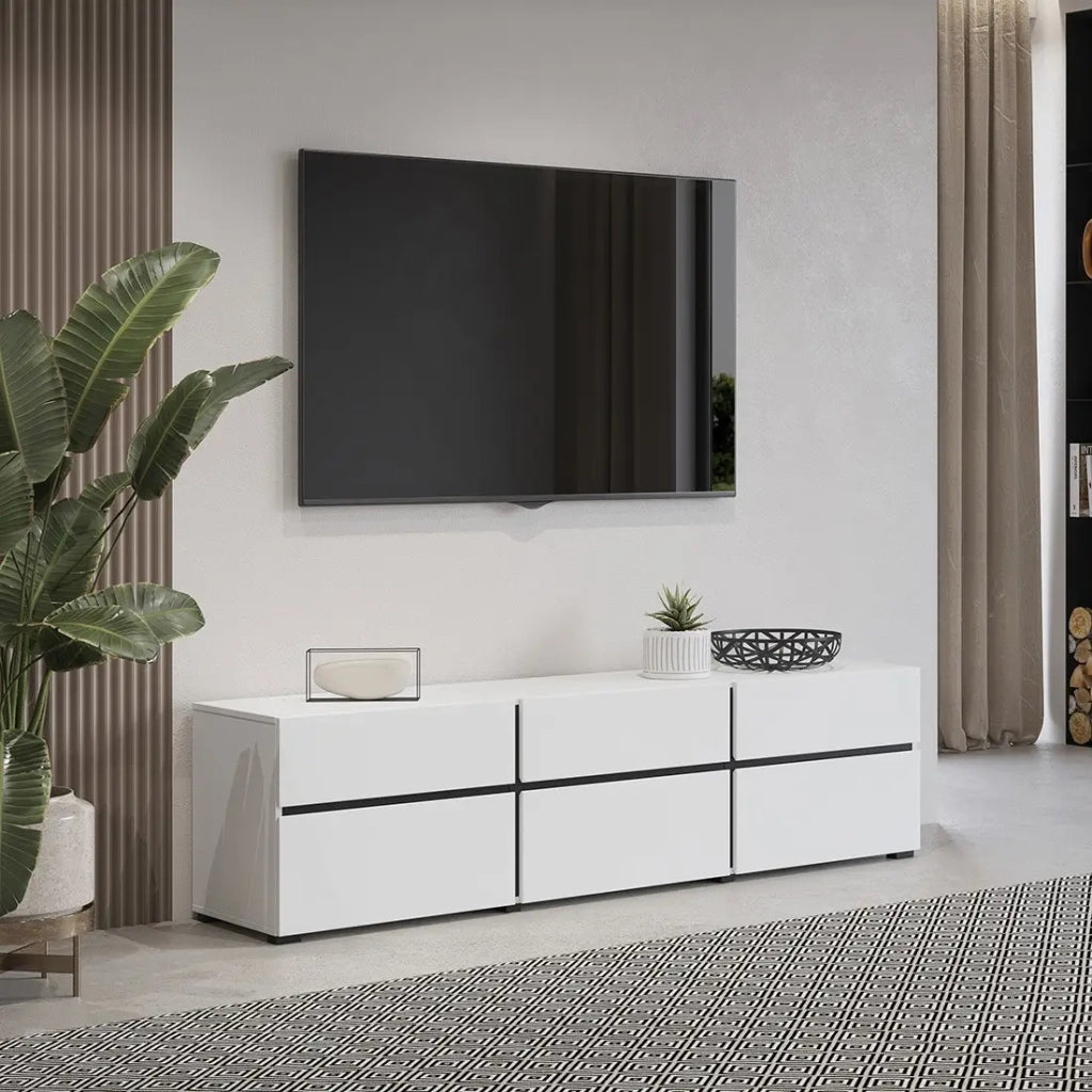 Mobile TV 180cm colori bianco e nero collezione HAVANA. Mobile design con 3 porte e 3 cassetti.