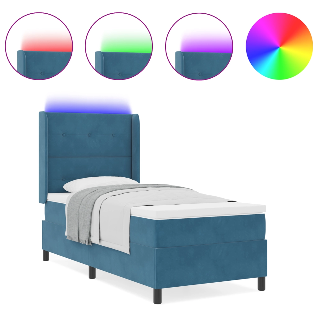 Letto Box Spring  con Materasso e LED Blu Scuro 90x200 cm Velluto