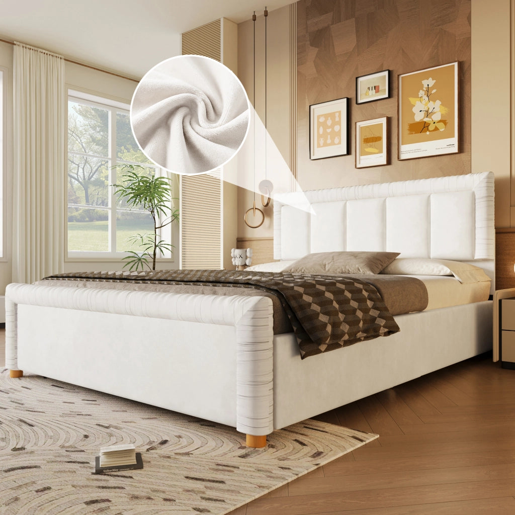 Letto imbottito 140x200 cm in velluto beige con 2 cassetti contenitore