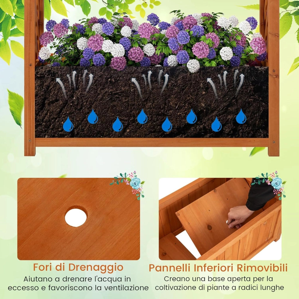 Letto da Giardino Rialzato in Legno, Orto Rialzato Verticale con Griglia, Tetto Curvo, Fodera e Drenaggio, Fioriera Grande per Cortile, Giardino e Patio, 83 x 36 x 146 cm