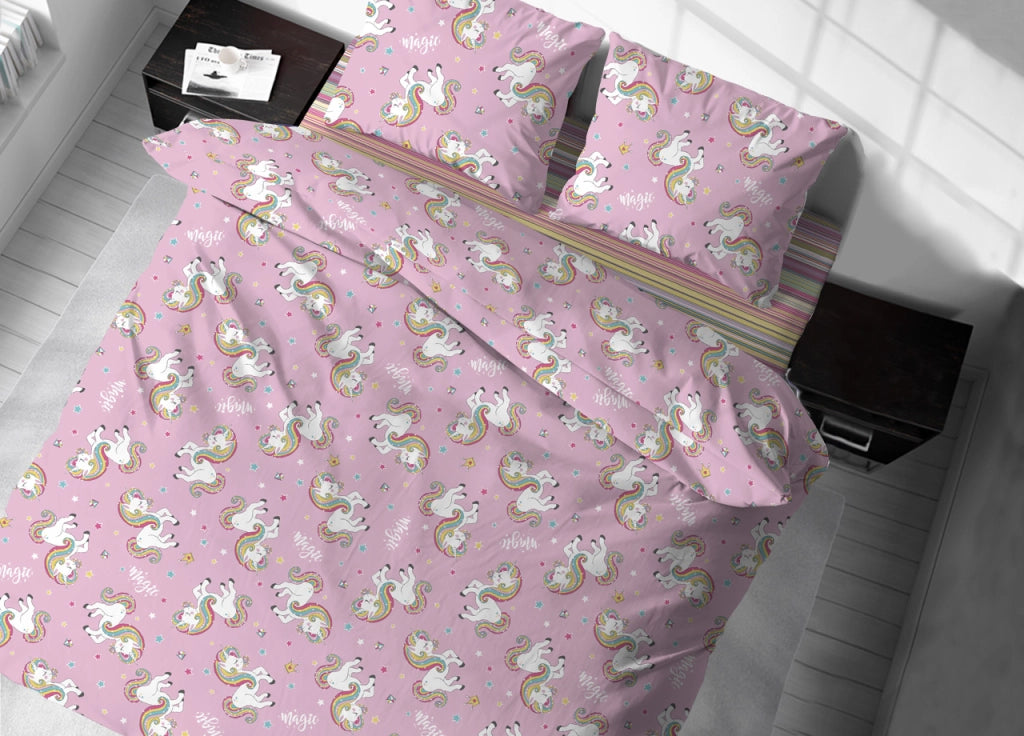 Copritrapunta Sacco Per Trapunta 100% Cotone Disegno Unicorno Rosa - Singolo - Unicorno