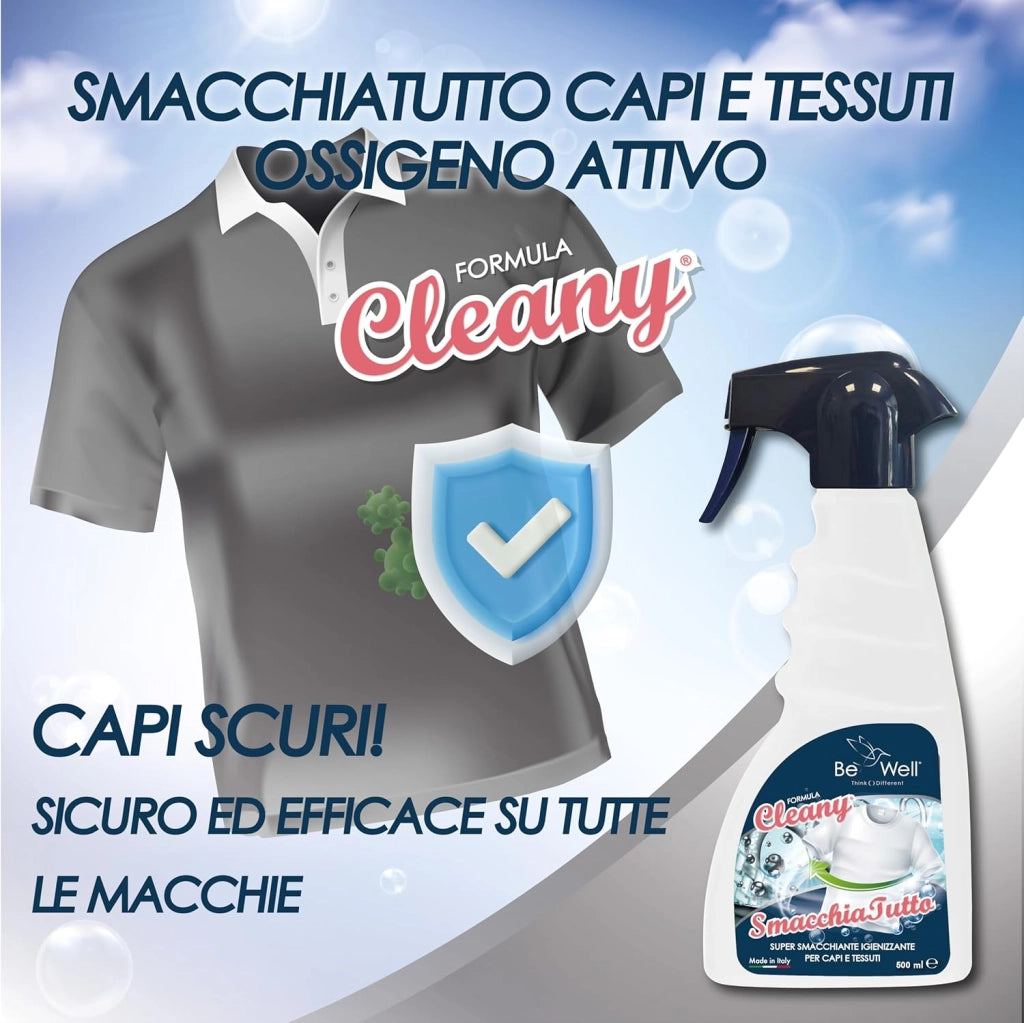 CLEANY Smacchiatutto Igienizzante Spray per Tessuti e Abbigliamento, Formula Super Smacchiante, 500ml, per Rimuovere Macchie di Grasso, Vino e Sudore