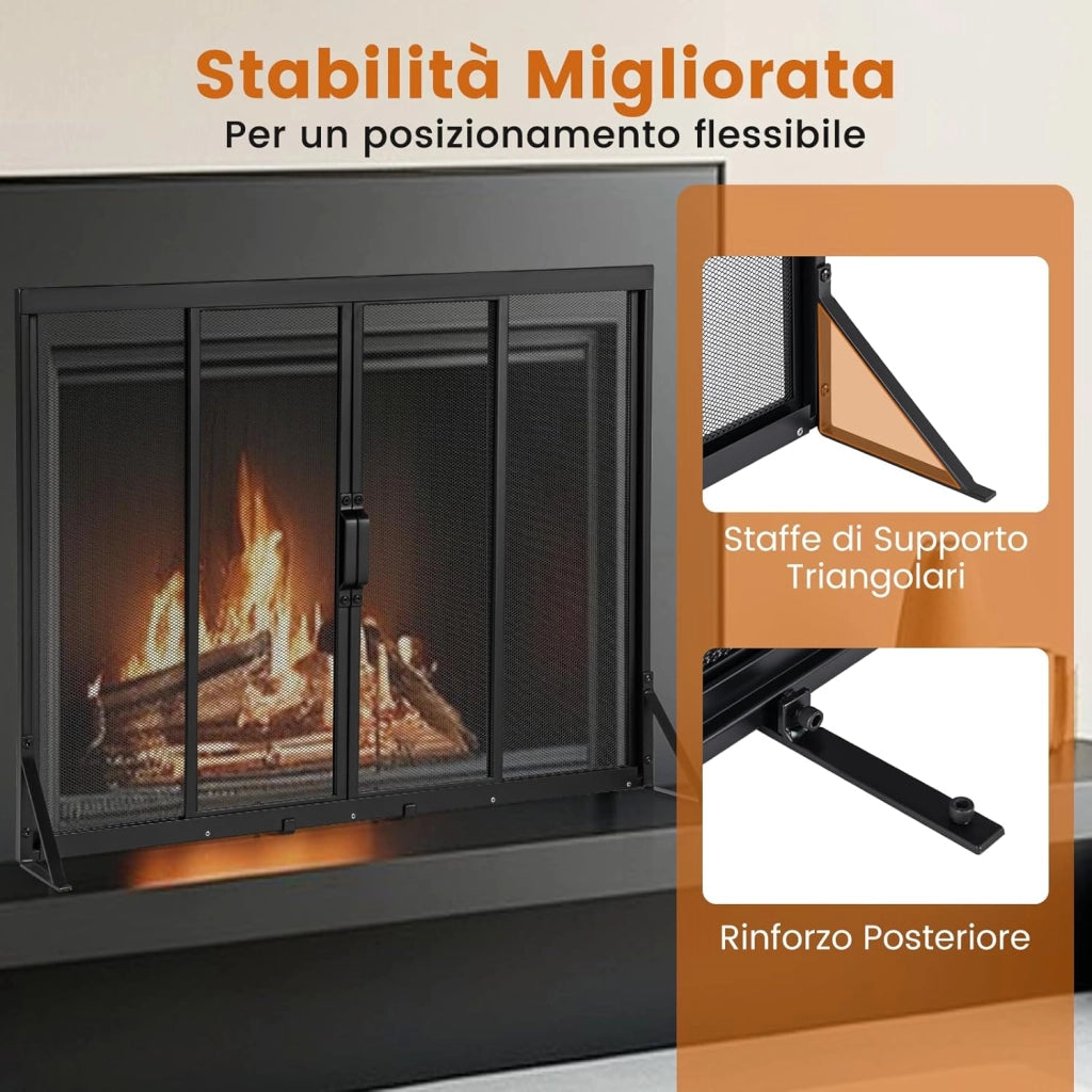 Griglia Parascintille Camino con 2 Pannelli Scorrevoli, Maniglie Convenienti e Telai di Supporto a Triangolo, Ventilazione Eccellente, Schermo per Camino in Rete Metallica (89 x 72 cm)