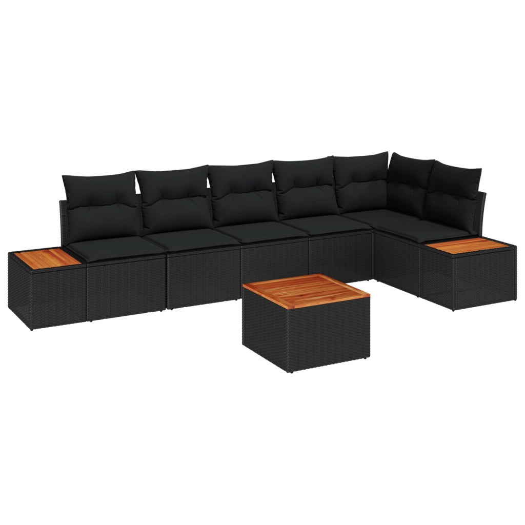 Set di Divano da Giardino 7 Pezzi con Cuscini Neri in Polyrattan e Acacia