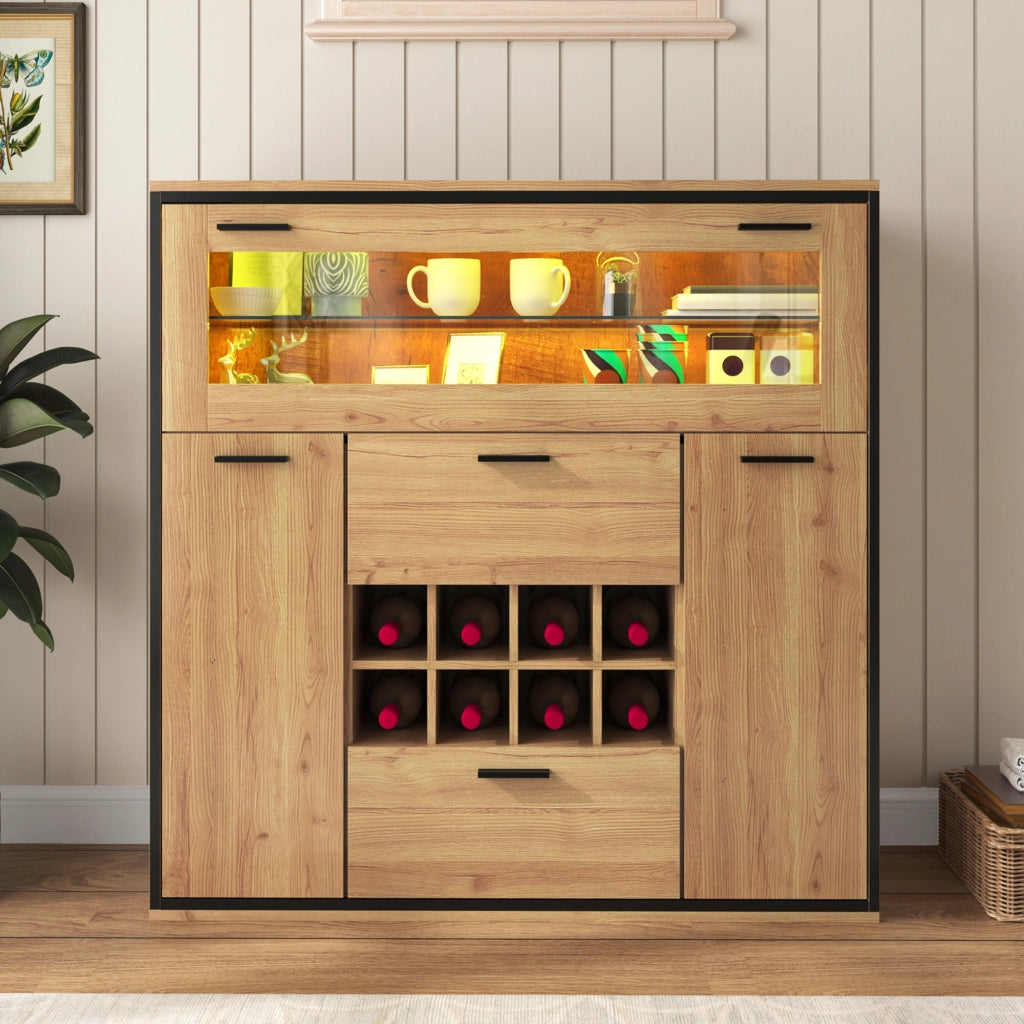 Mobile bar 2 ante e 2 livelli con portabottiglie e luce LED, per soggiorno e sala da pranzo, naturale, 110 x 38 x 111 cm