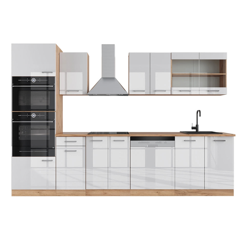 Vicco Cucina componibile Bianco lucido/oro power oak 300 cm con armadio alto, PL Rovere
