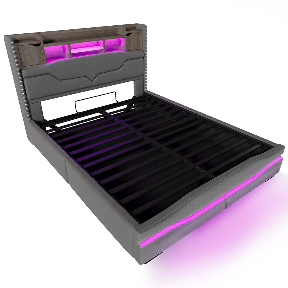 Letto imbottito-Xylo-160x200 cm-USB, LED, testiera con contenitore, idraulico, grigio
