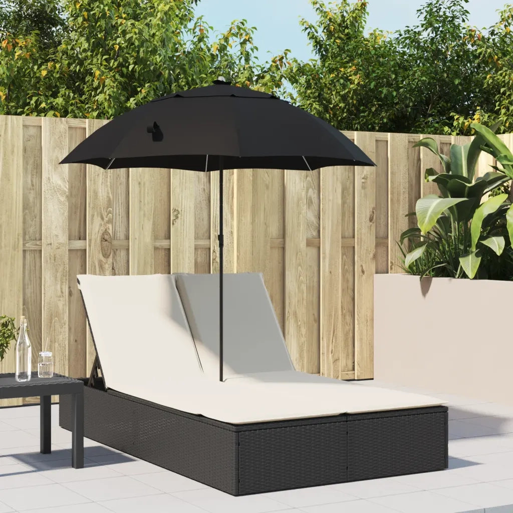 Lettino Prendisole | Sdraio da giardino | Lettino da sole Doppio Cuscini e Parasole Nero in Polyrattan