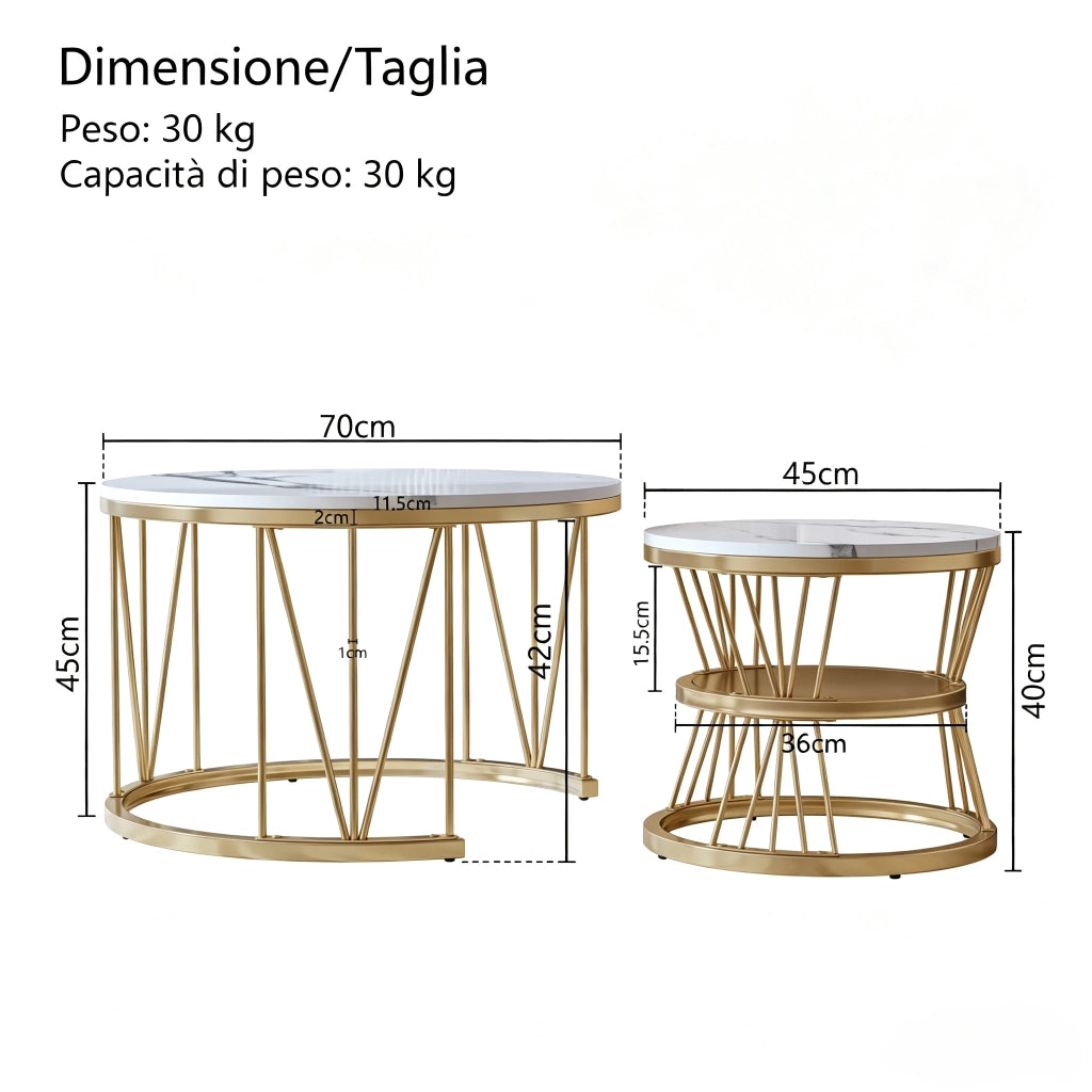 Tavolino da salotto rotondo 70x70x45 cm; set 2 pezzi sovrapponibile; tavolino salotto oro con metallo e piano effetto marmo nero