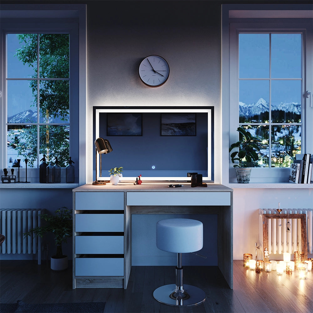 Vicco Tavolo da toeletta Bianco/Sonoma 55 cm con specchio LED e sgabello