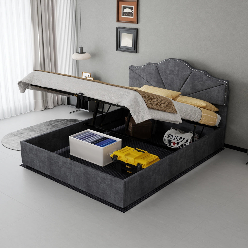 DESMIU Letto contenitore 140 × 200 cm 2 posti con testiera geometrica, senza materasso, in tessuto, grigio