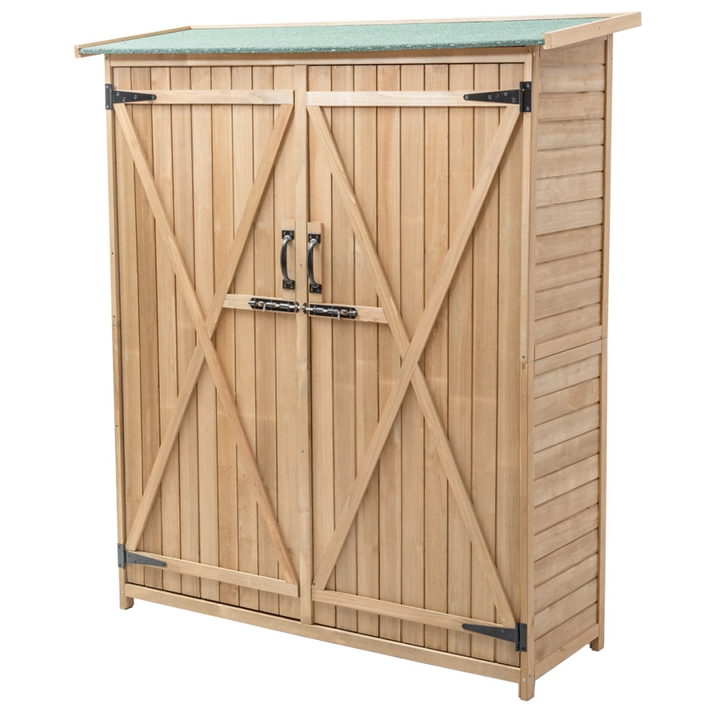Casetta da giardino con tetto inclinato in asfalto 2 porte e ripiani, Ripostiglio porta attrezzi in legno-Casette da giardino