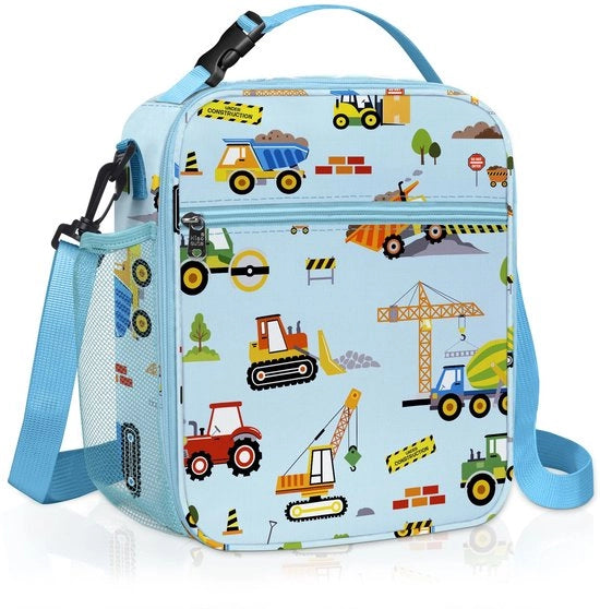 Borsa auto isolata per bambini piccoli con ruote per bambini, piccola borsa per picnic acquatica per bambini, costruzione blu