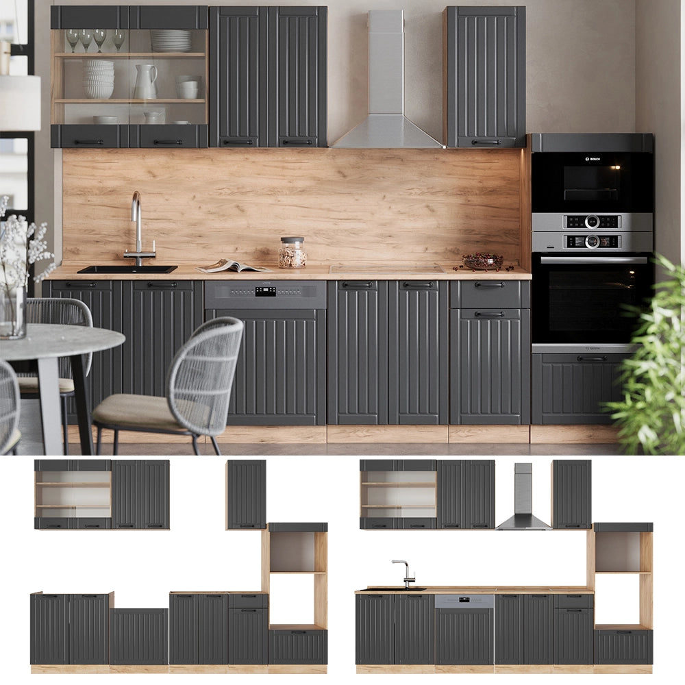 Vicco Cucina componibile Grigio scuro 300 cm con armadio alto, PL Rovere