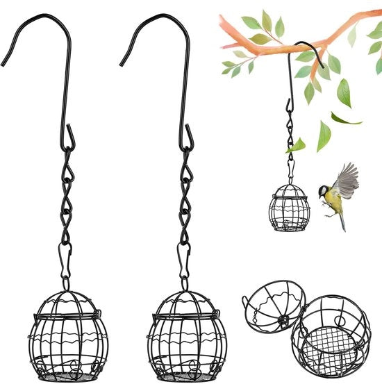 Casa alimentare per uccelli, 2 supporti per palline di grasso in acciaio inossidabile, supporto per palline di cibo per uccelli, casa alimentare appesa con uncini a S, casa alimentare per giardino, nera