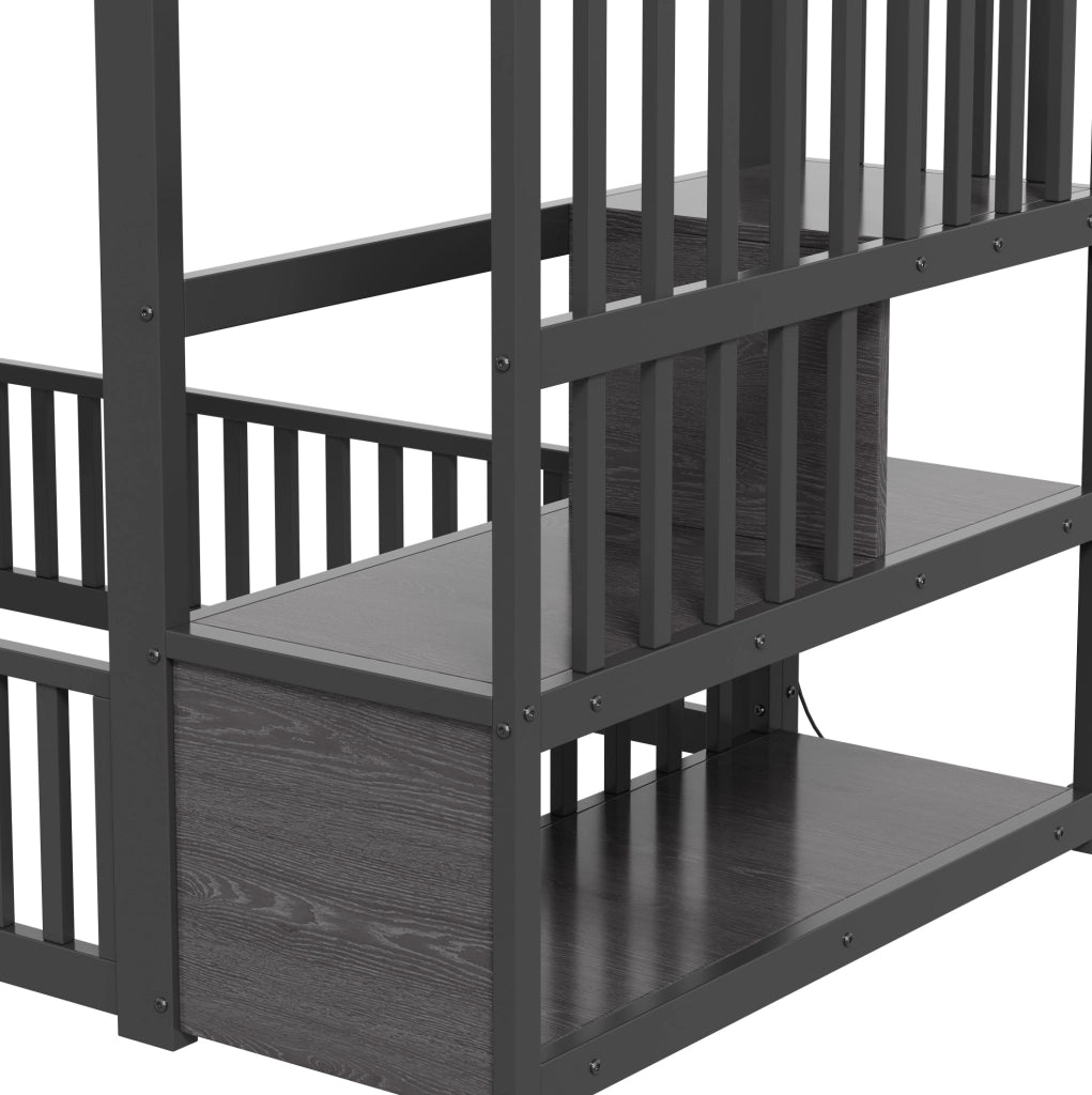 Letto a castello basso 90x200 cm con LED e scala contenitore in MDF e metallo nero