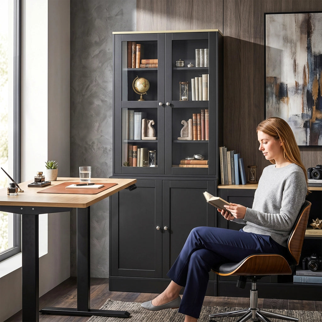 Libreria con ante in vetro ¨C Xylo ¨C 6 ripiani, 4 porte, nero
