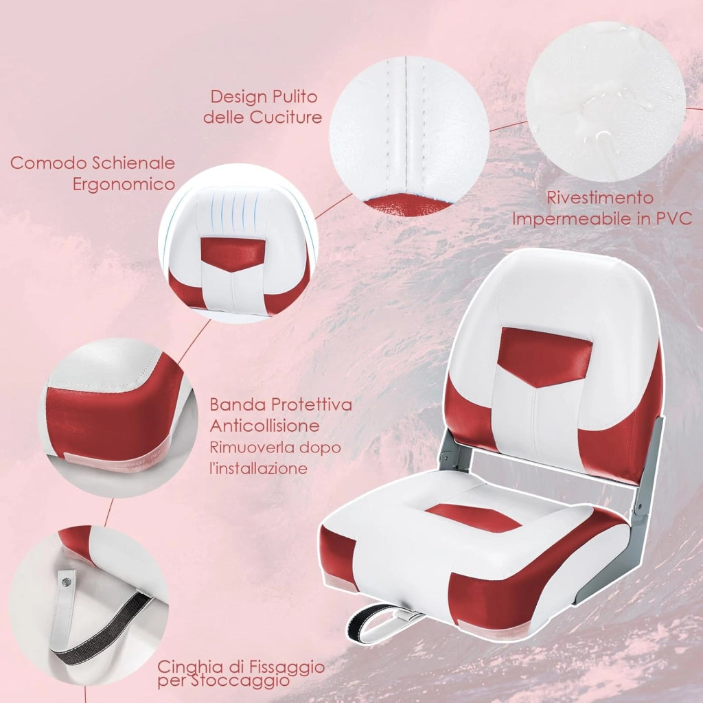 Set di 2 Sedie da Barca, Sedie per Barca Con Schienale Basso, Sedia da Barca Pieghevole, con Schiuma Spessa, Cinghia di Fissaggio, 50 x 42 x 52 cm (Rosso+Bianco)