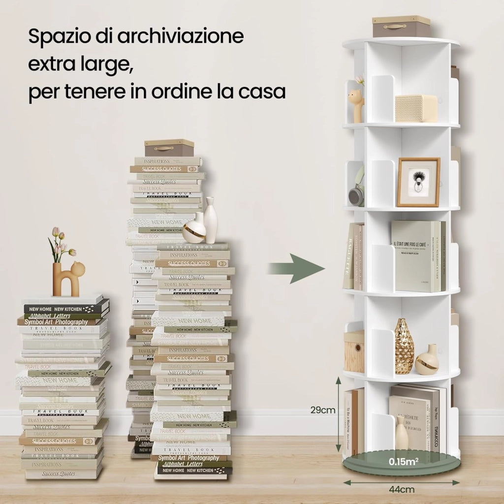 Libreria Girevole a 5 Livelli, Scaffale Angolare Rotante con 20 Scomparti, Organizer Autoportante per Soggiorno, Camera e Ufficio, in Legno Bianco