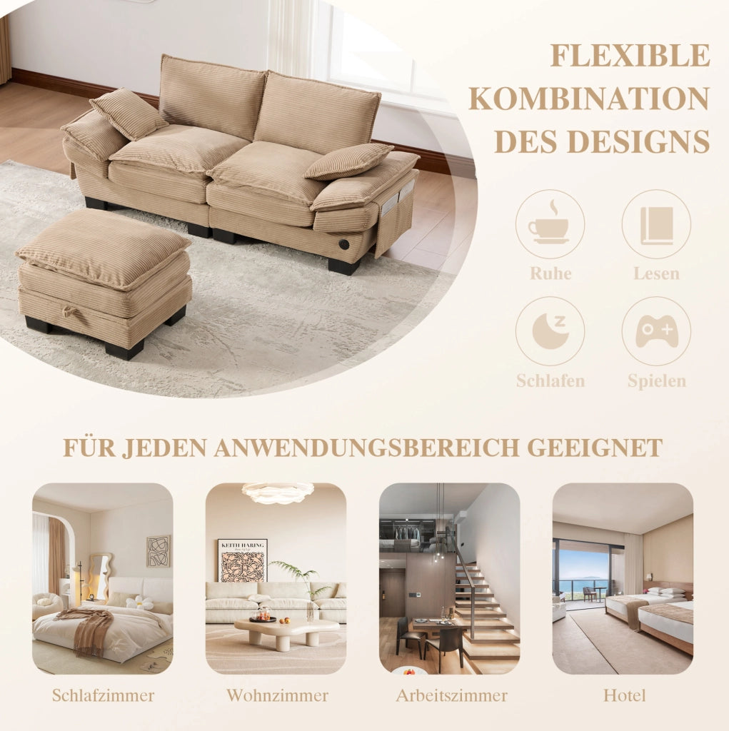 Divano 2 posti con pouf contenitore; USB-C; tessuto corduroy khaki; 190 cm