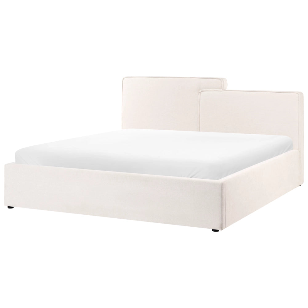Letto contenitore imbottito in tessuto bianco sporco 180 x 200 cm testiera asimmetrica a gradini in stile scandinavo