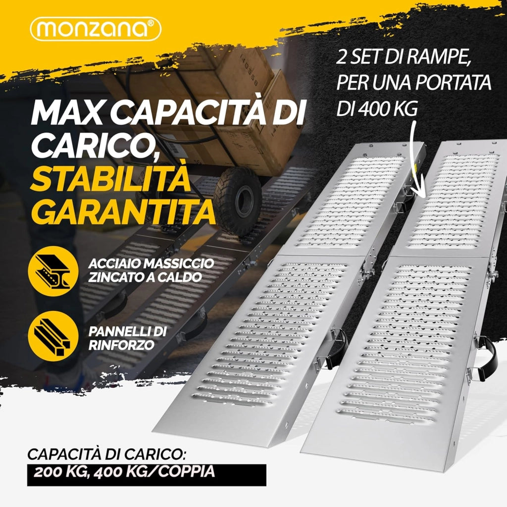 2x Rampa di Carico Pieghevole Max. 400kg Acciaio Zincato Antiscivolo Pedane Moto Quad