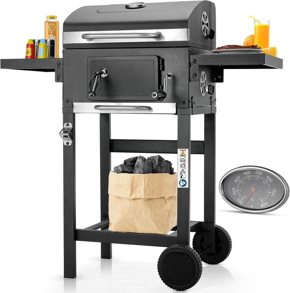 Barbecue Carbonella L, Barbecue a Carbonella con Coperchio, Griglia per Barbecue con 2PCS Ruote, Termometro, BBQ Smoker con Carrello per Campeggio, Giardino